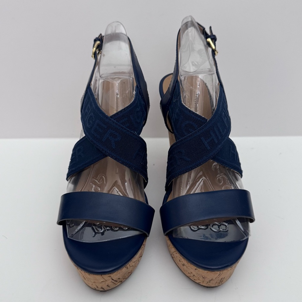 Tommy Hilfiger Woman’s Wedge Sandals Size7.5 Navy Blue Cork Platform Logo Straps - Picture 2 of 13